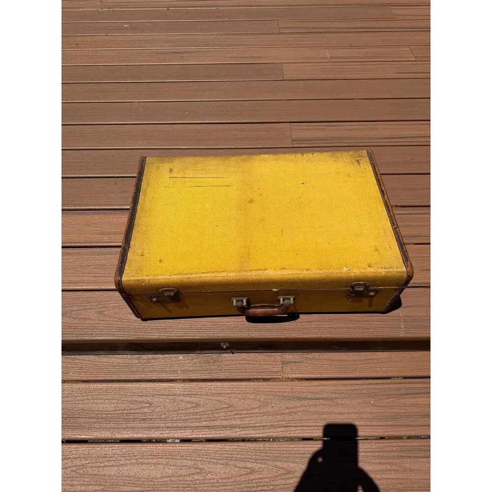 Vintage Mustard Yellow Tweed Train Suitcase 24” Leather Trim Overnight Luggage